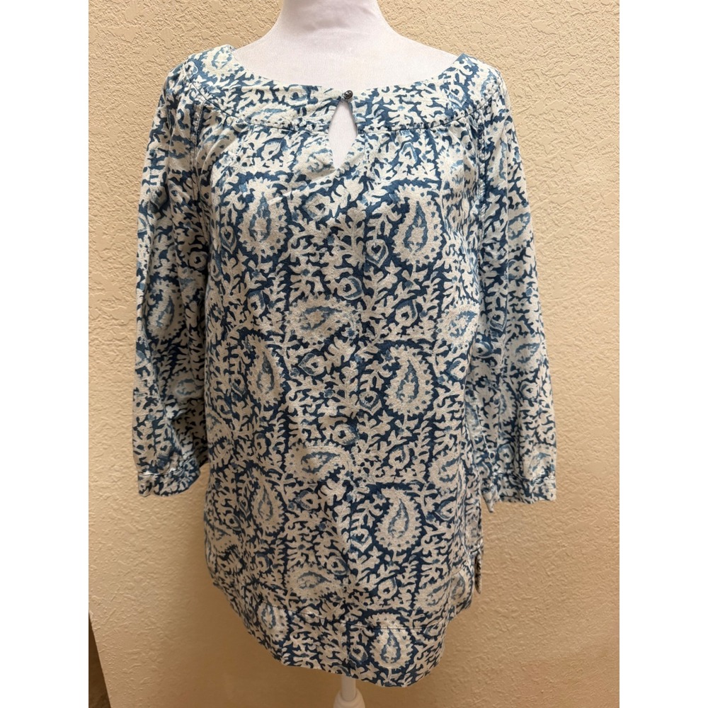 Lands End Womens Blue White Paisley Cotton Tunic Blouse Keyhole Top Size 10